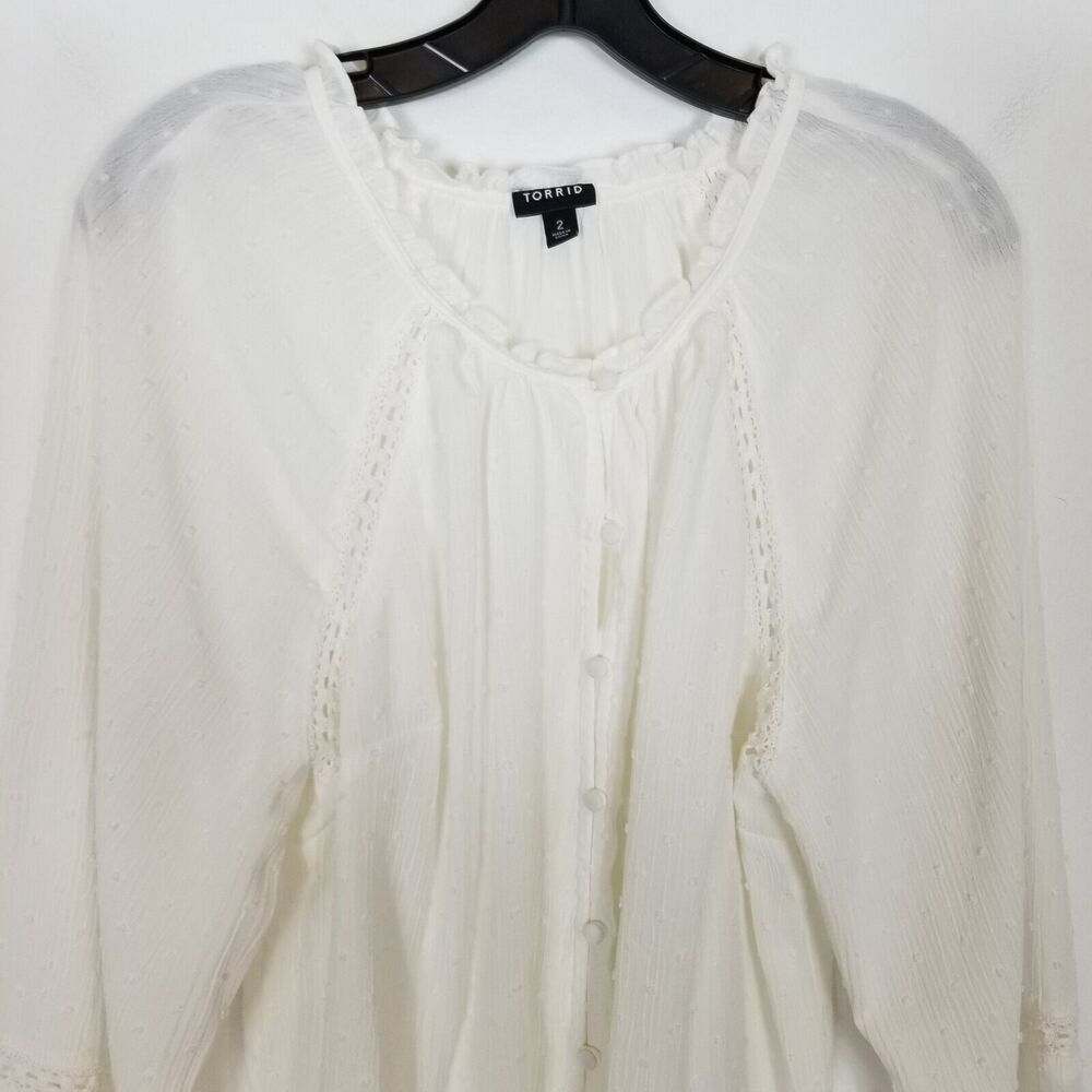 Torrid Women Plus Swiss Dot Lace Inset‎ Top Blouse Sz 2X White Cottagecore Boho - Picture 2 of 6
